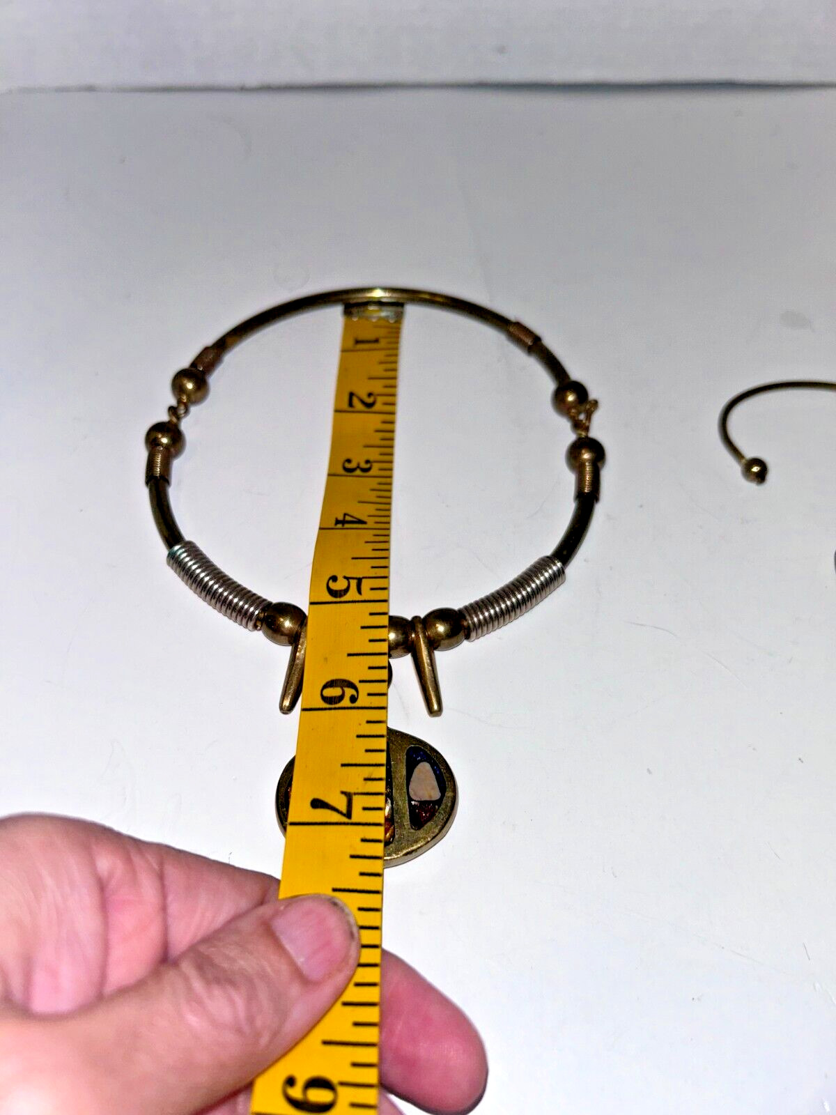 Vintage UNIQUE BRASS STONE INLAY ARTISAN NECKLACE CHOCKER & BRACELET HEAVY