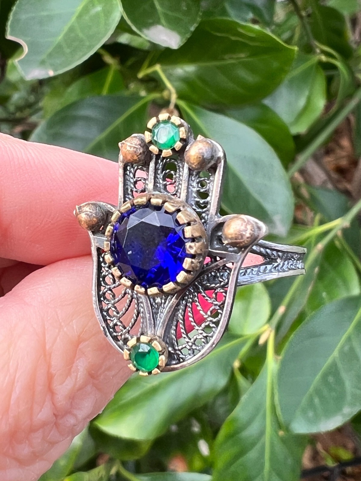 VINTAGE HAMSA VIVID BLUE GREEN PASTE GLASS STONES 925 STERLING SILVER UNIQUE