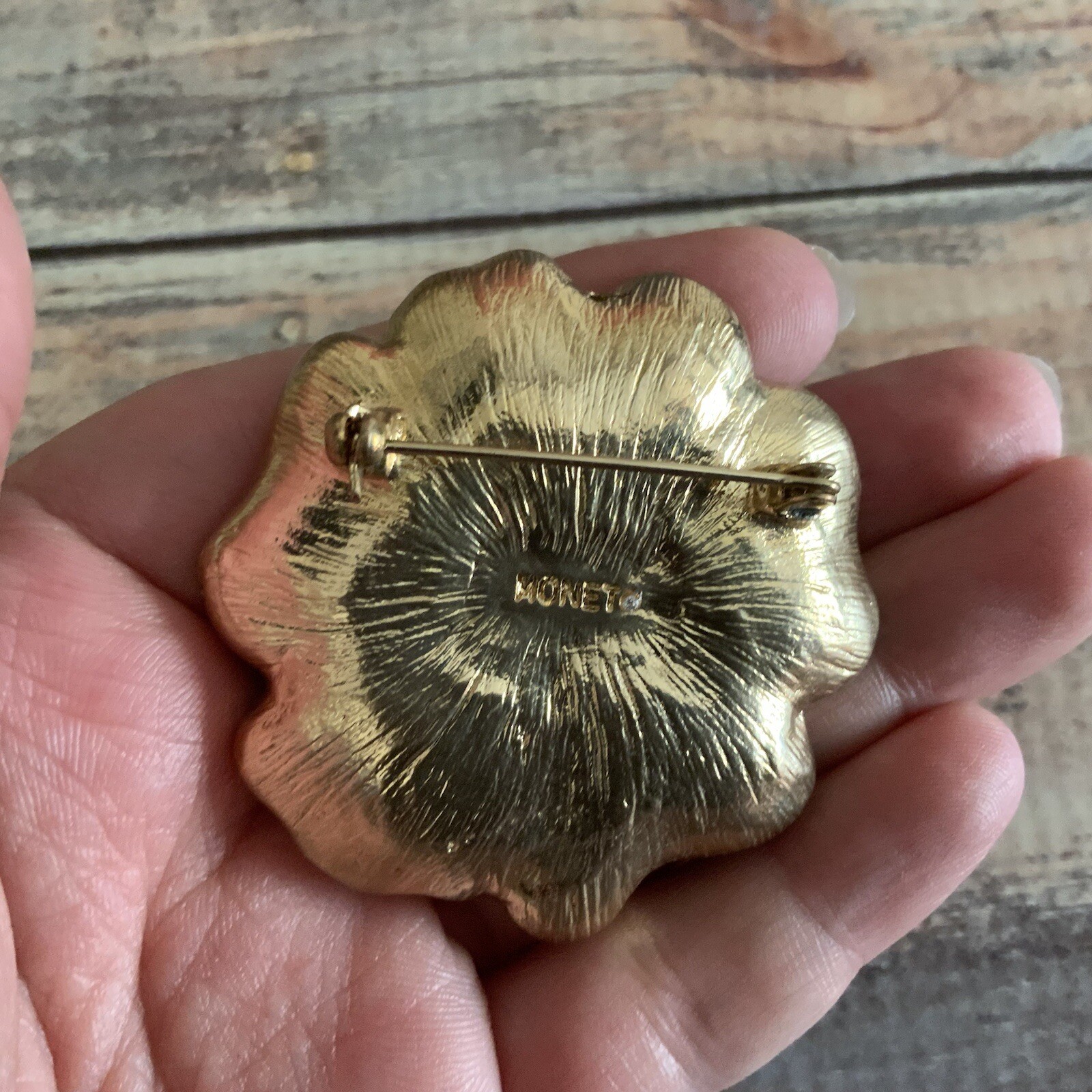Monet Brown Rhinestone Holiday Poppy Flower Brooch In Gold Tone
