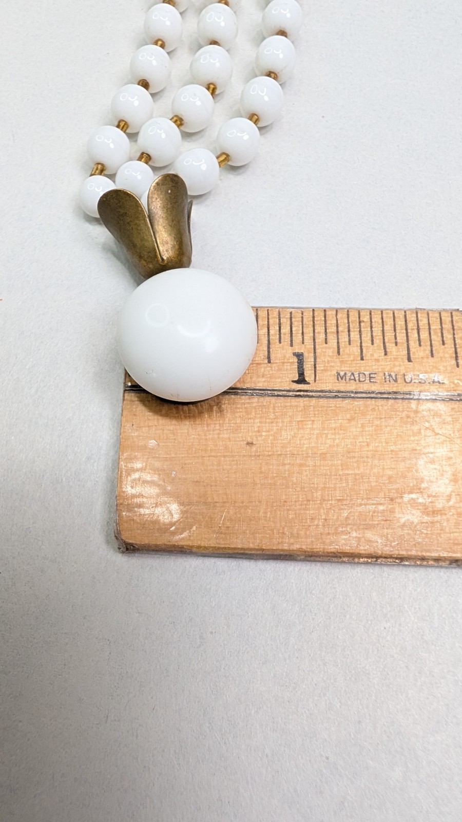 1950s Milk Glass Necklace Triple Strand With Brass Tulip Caps Glass Clasp 16.5in