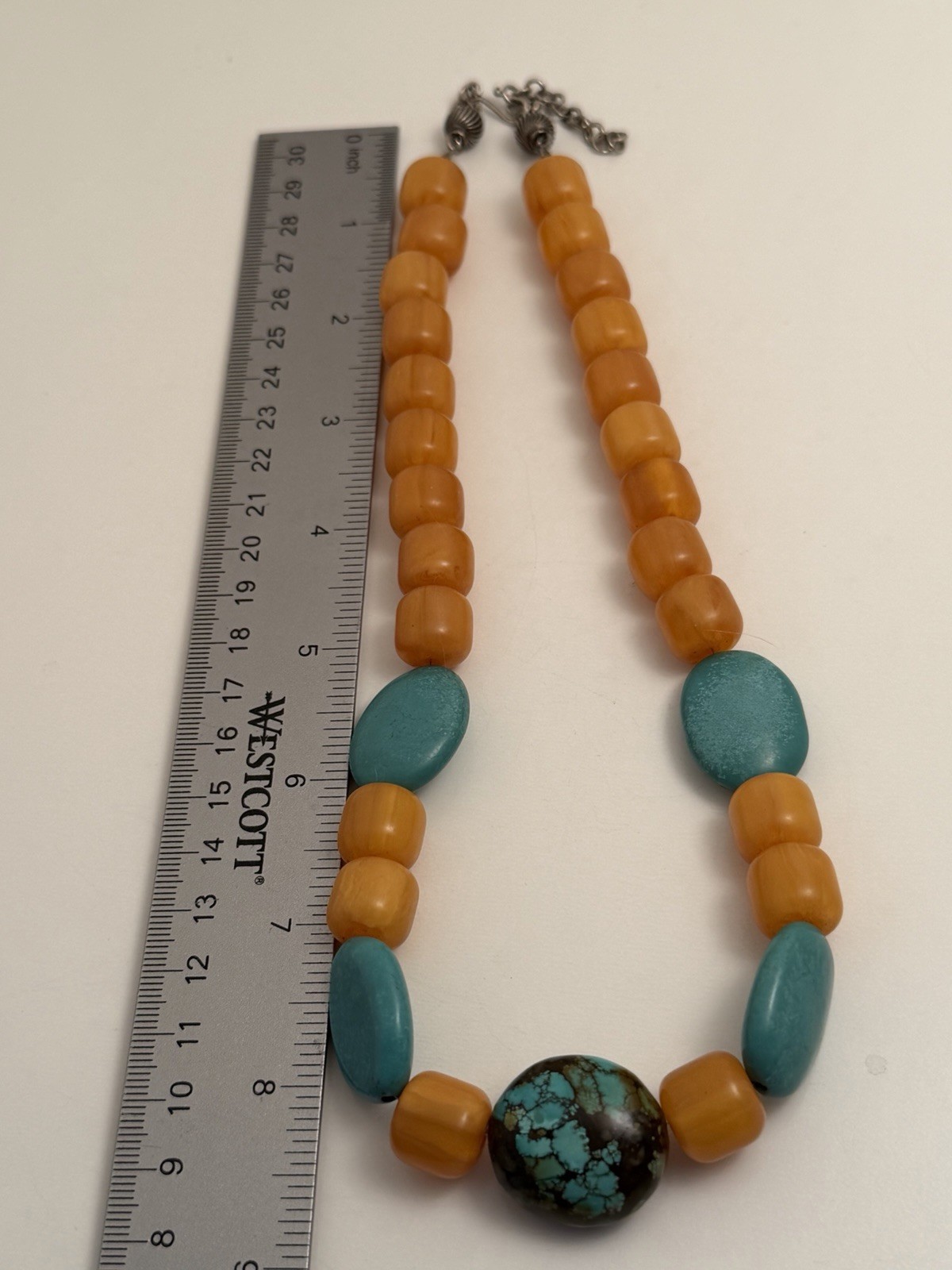 Vtg 925 Sterling Butterscotch Bakelite 17” Necklace BarrelBeads 1cm Tested 85.6g