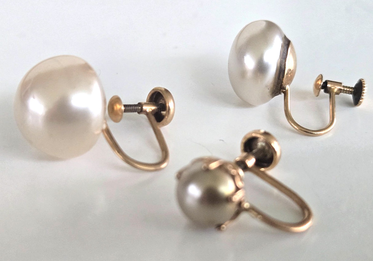3 Vintage 10K Signed BDA S & G Faux Pearl Single Screw Back Earrings 4.95grams