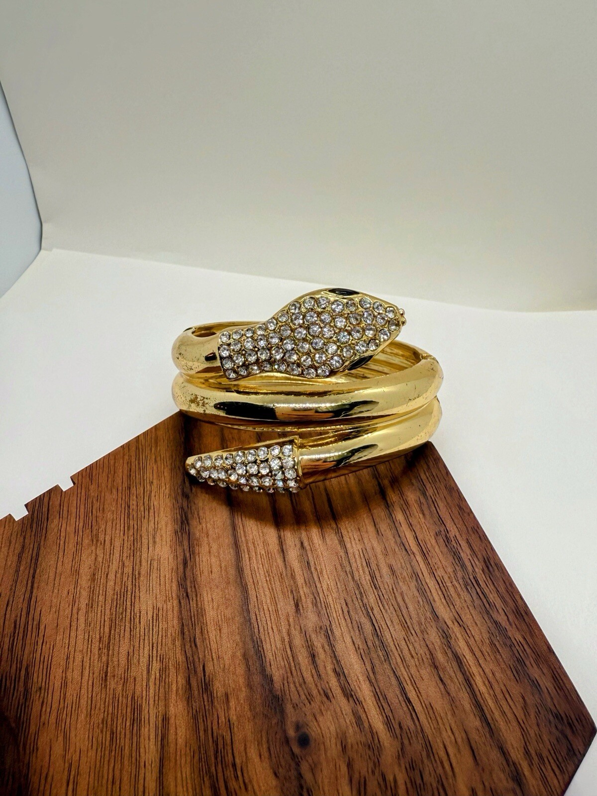 Gold Tone Rhinestone Snake Wraparound Hinge Bracelet – 2 3/8 Inch Inner D