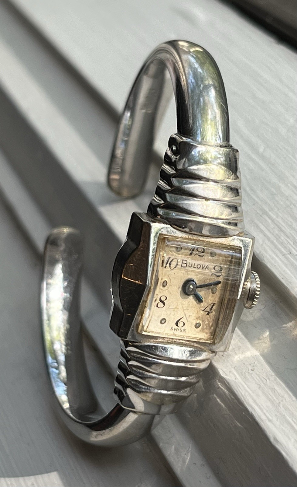 1957 Women’s Bulova Bangle Bracelet Watch. Manual Wind. 10k Rolled Gold Plate.