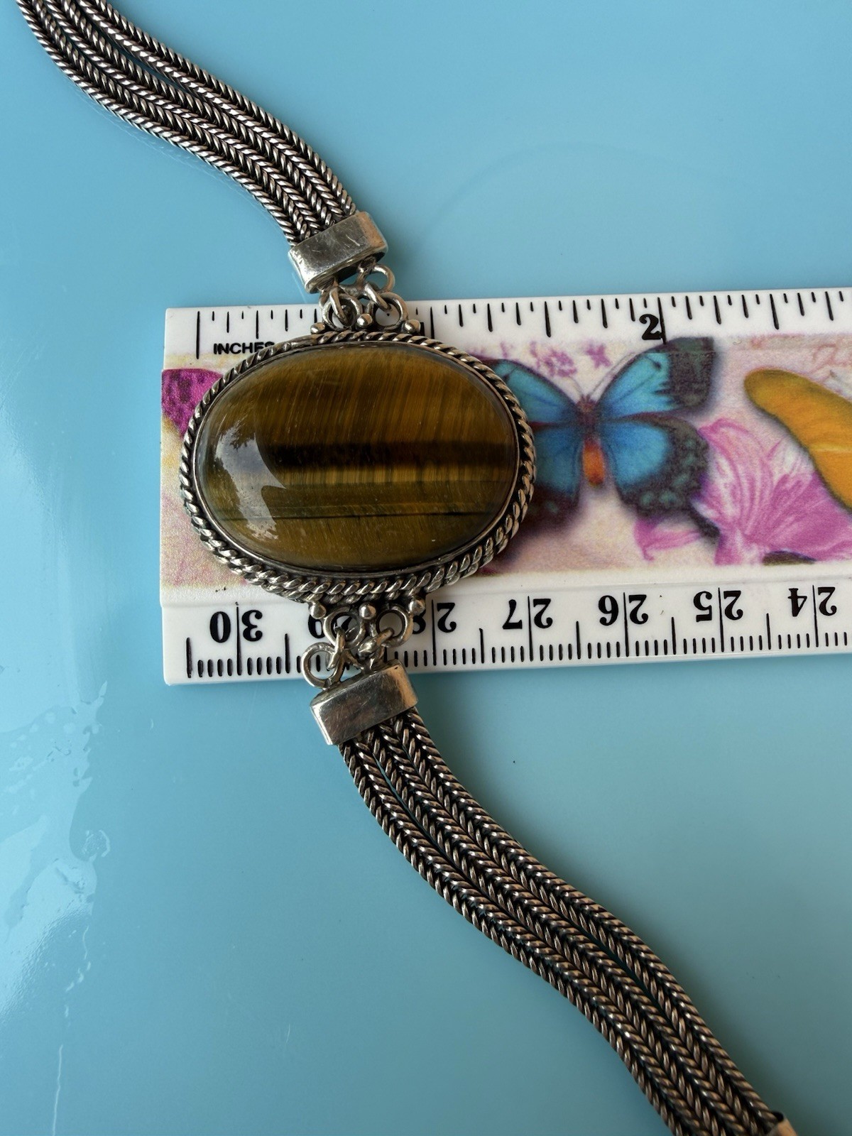 Vintage Sterling Silver 925 Large Oval Tigers Eye Bracelet Hook Clasp 35.4g