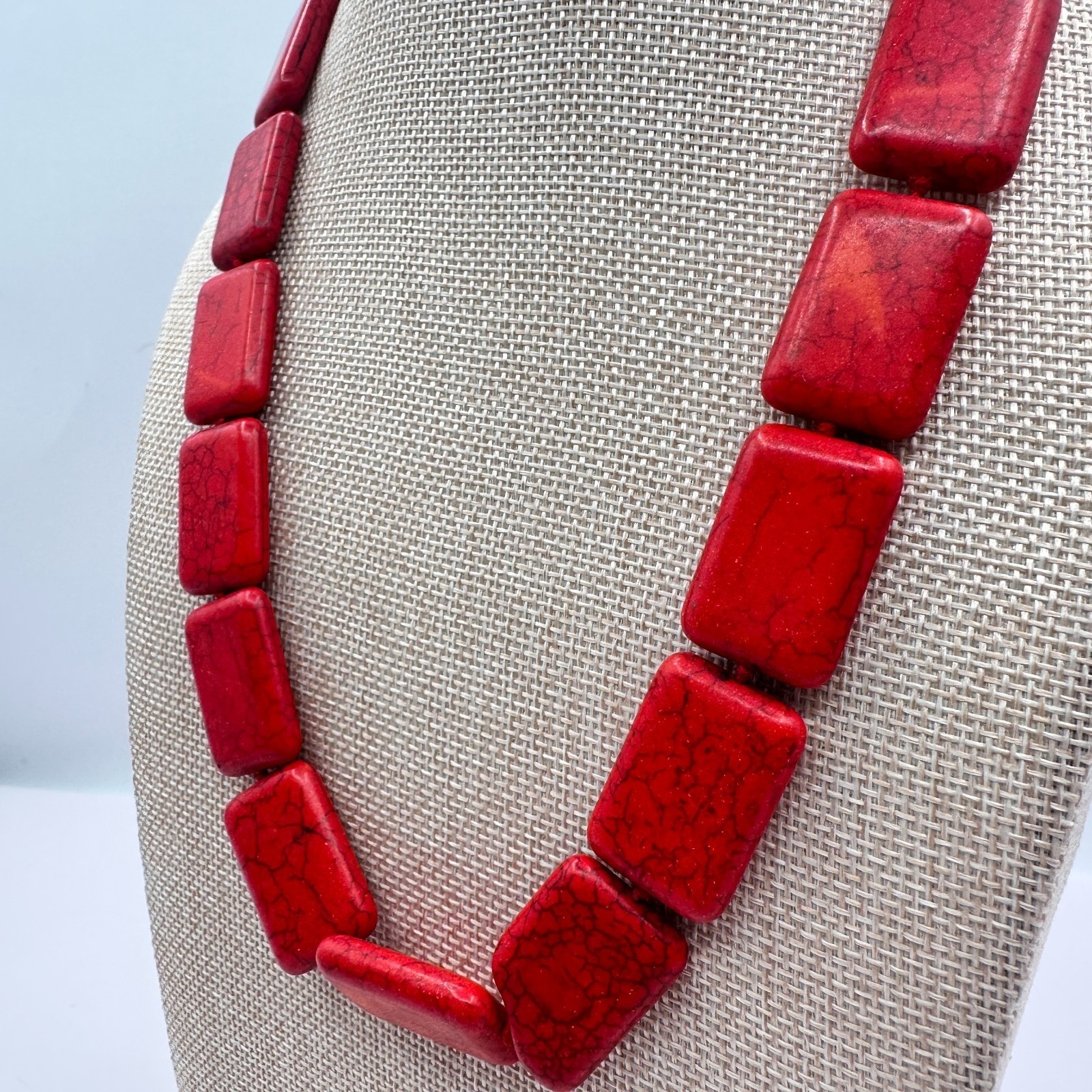 Vintage 90s Red Howlite Turquoise Rectangle Beaded Statement Necklace Jewelry