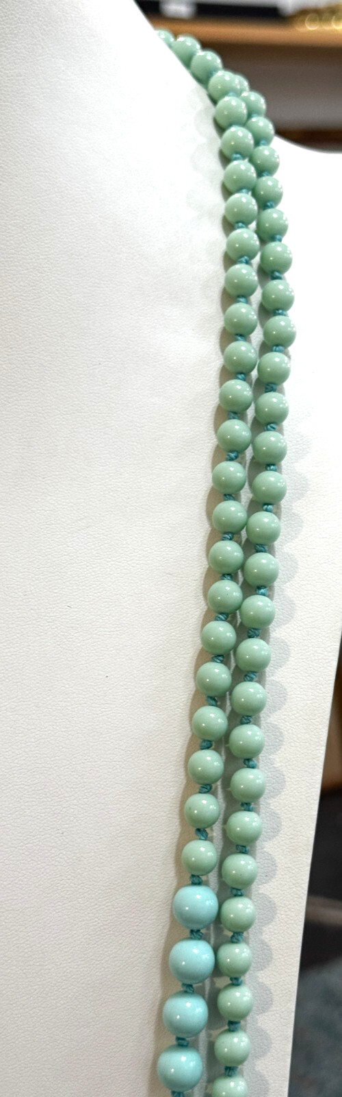 Vintage Hand Knotted Green Blue Two Tone Extra Long No Clasp Layering Necklace