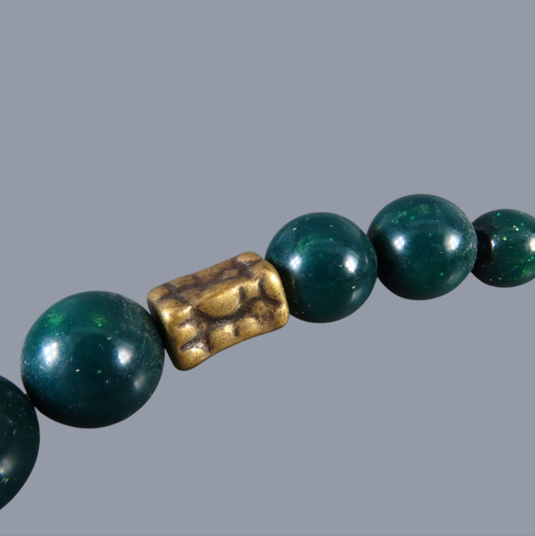 VTG Beaded Necklace EGYPTIAN REVIVAL Dark Green GOLD TONE BIB FRINGE PENDANT