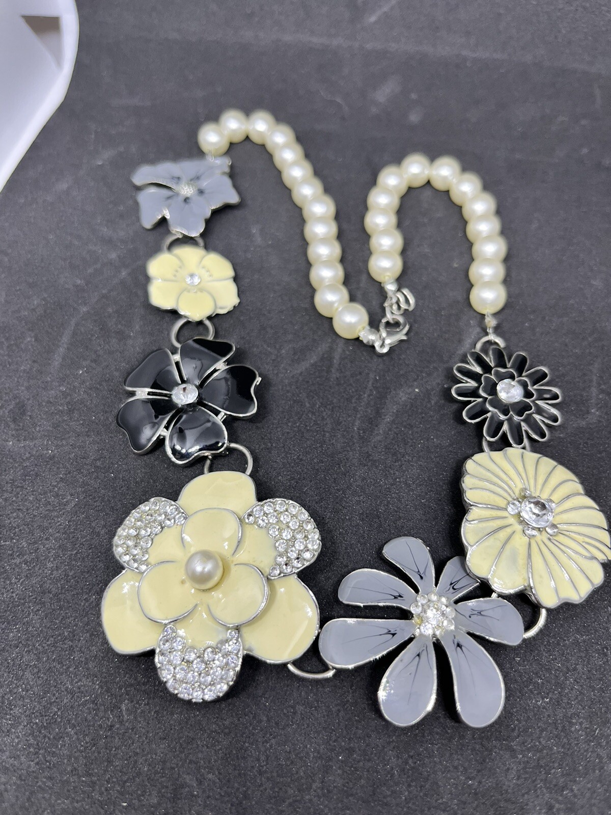 Cream And Gray Flowers With Rhinestones And Pearl Necklace