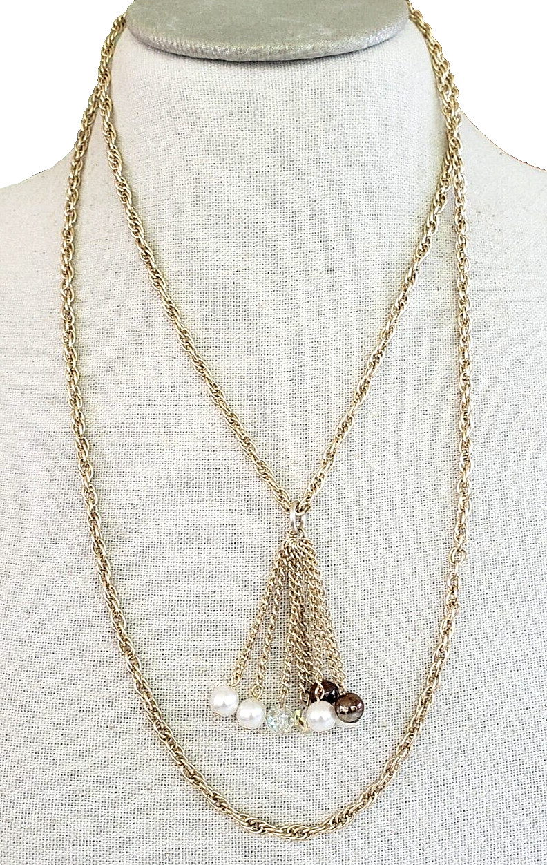 Vintage Bead Tassel Pendant Gold Tone Aluminum Necklace 41″ Clasp Less