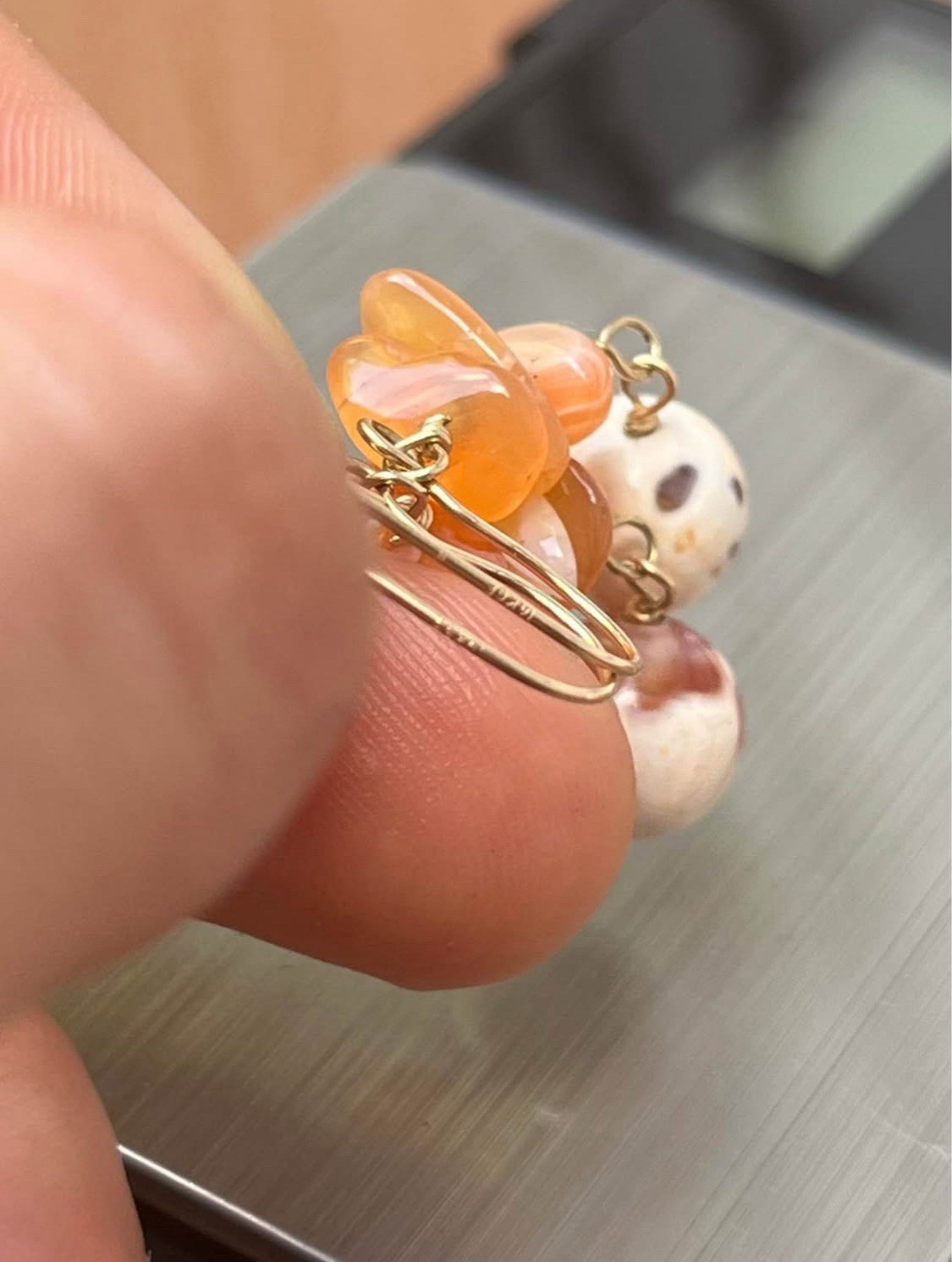 14K GF 🍊 Orange Cream Marble Dangle Gemstone Vintage Gold Filled Earrings