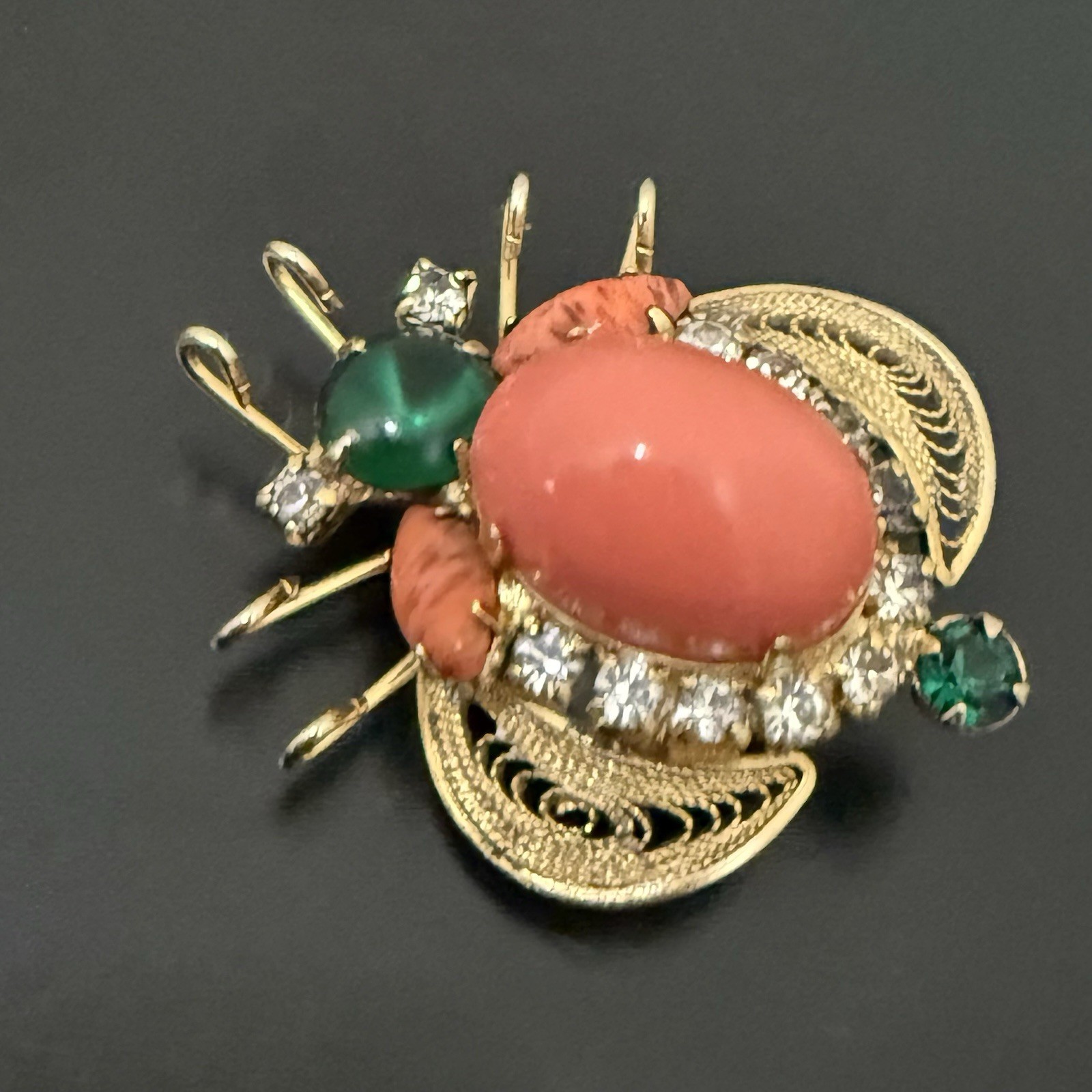 Rare Juliana Delizza & Elster Faux Coral Cabochon Rhinestones Beetle Bug Brooch