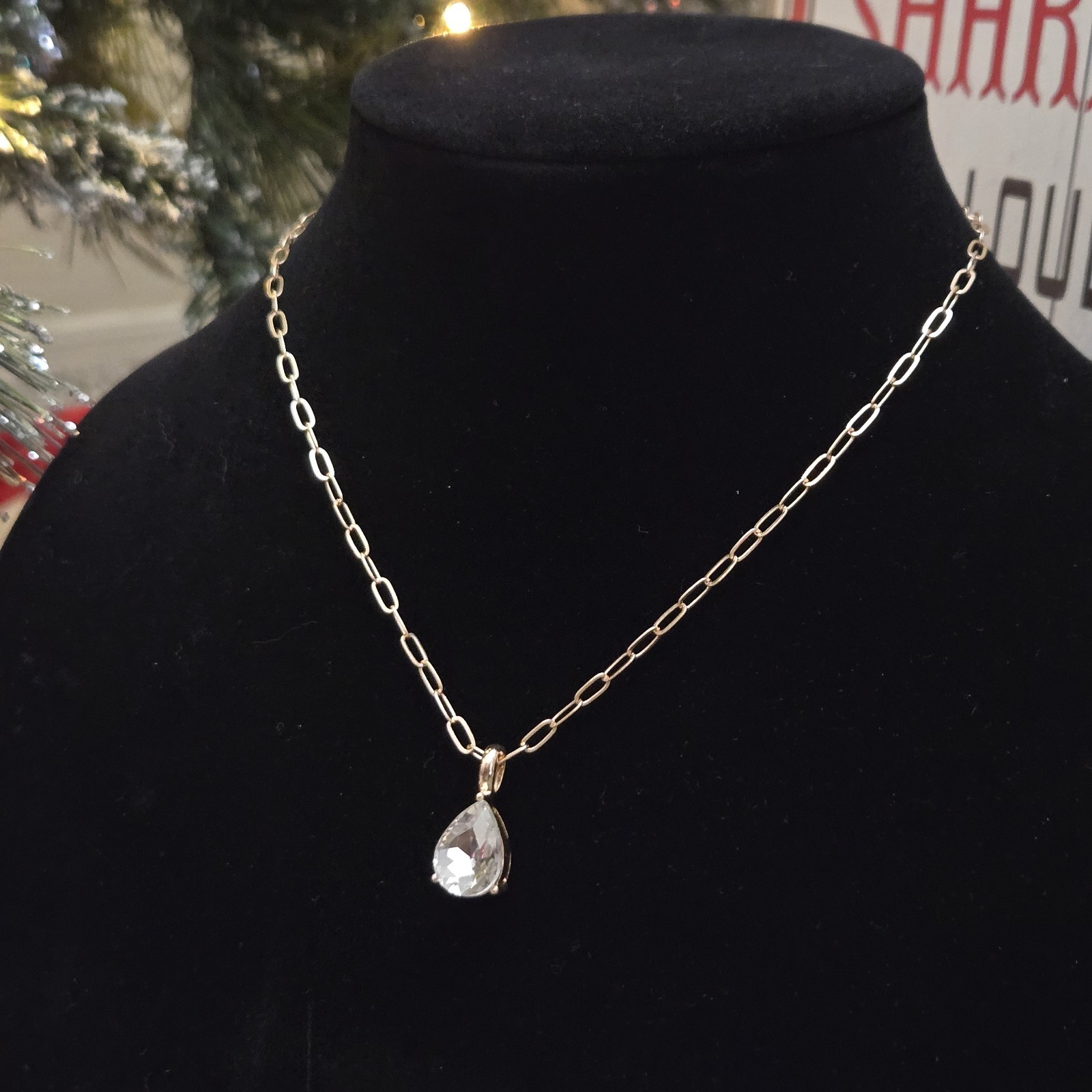 Gold Teardrop Crystal Pendant Necklace 18” Minimalist Layering Jewelry NWOT