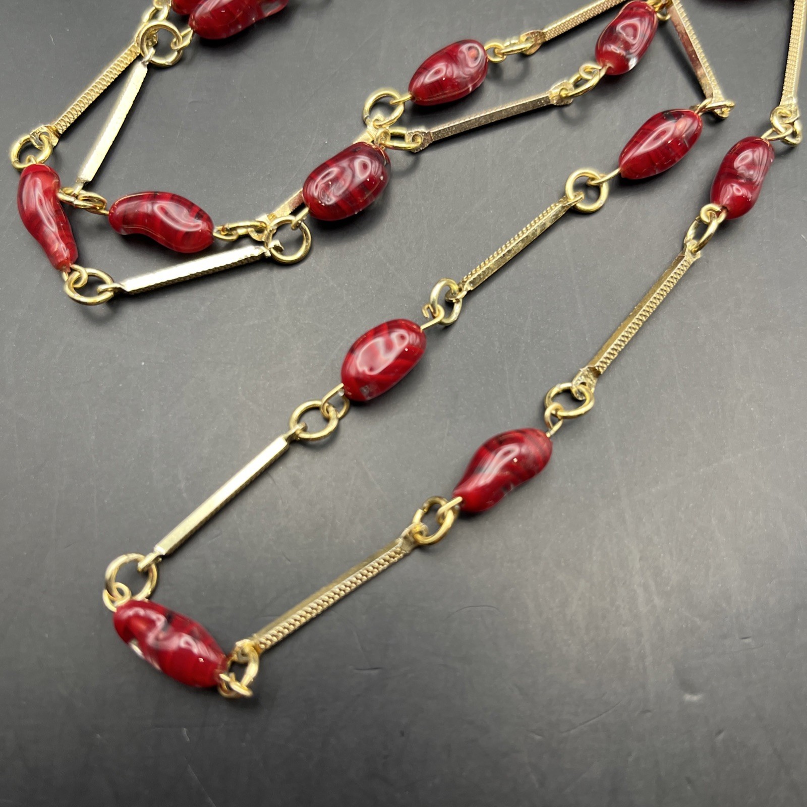 Long Art Glass Station Necklace Bar Link Red Gold Tone 26 Inch Classic Vintage