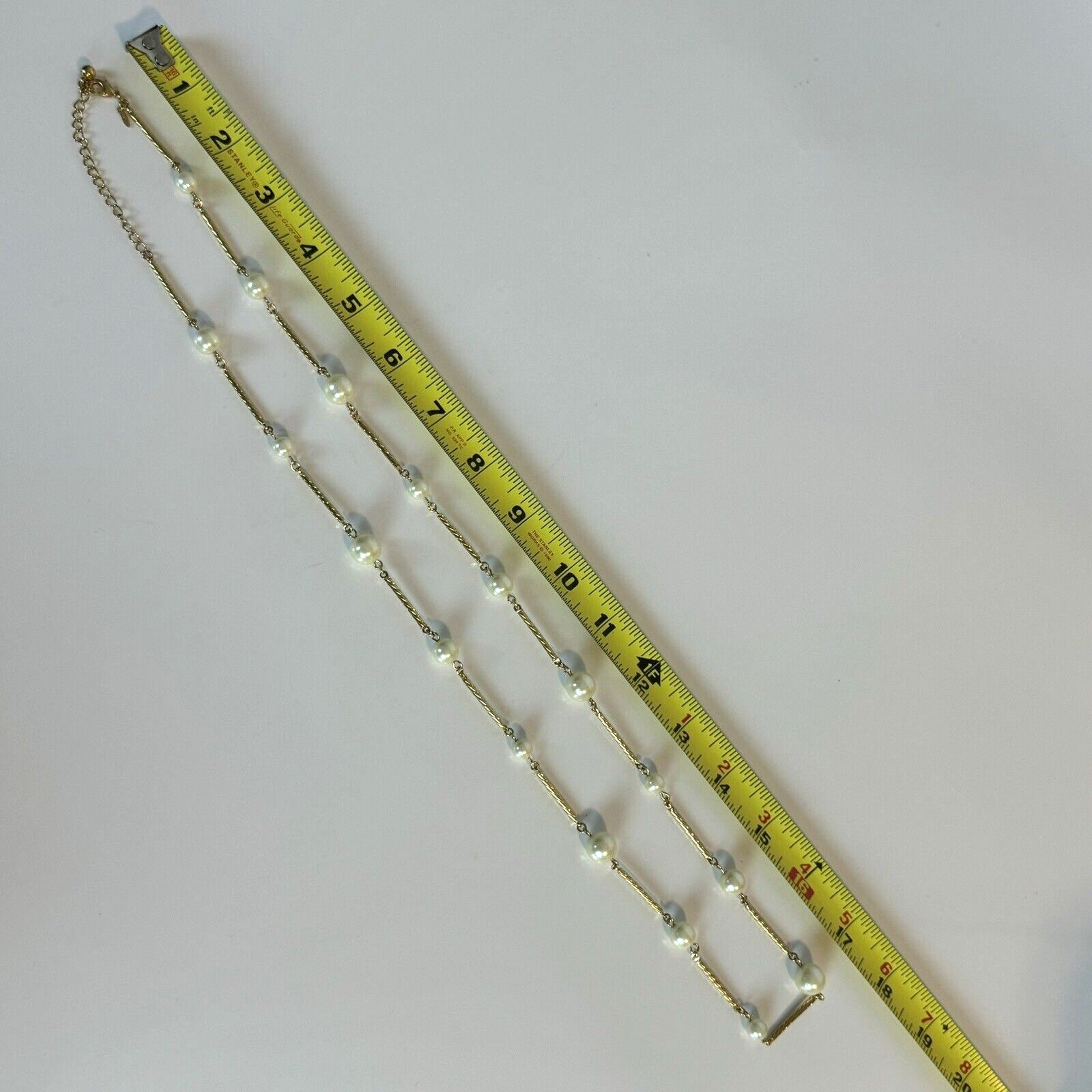 Vintage Avon Station Necklace Faux Pearls Twisted Bar Link Gold Tone Long