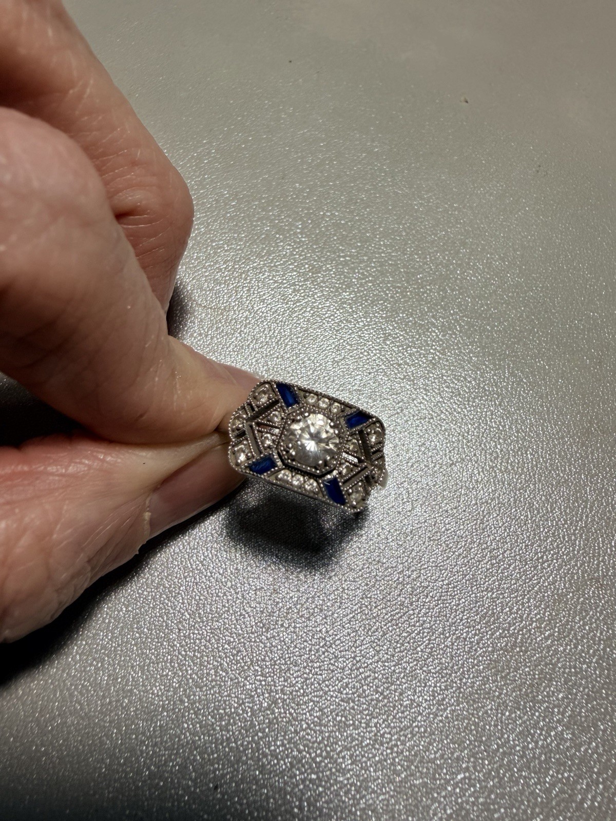 Art Deco Style Sterling Silver CZ & Blue Sapphire Accents Ring – Size 7