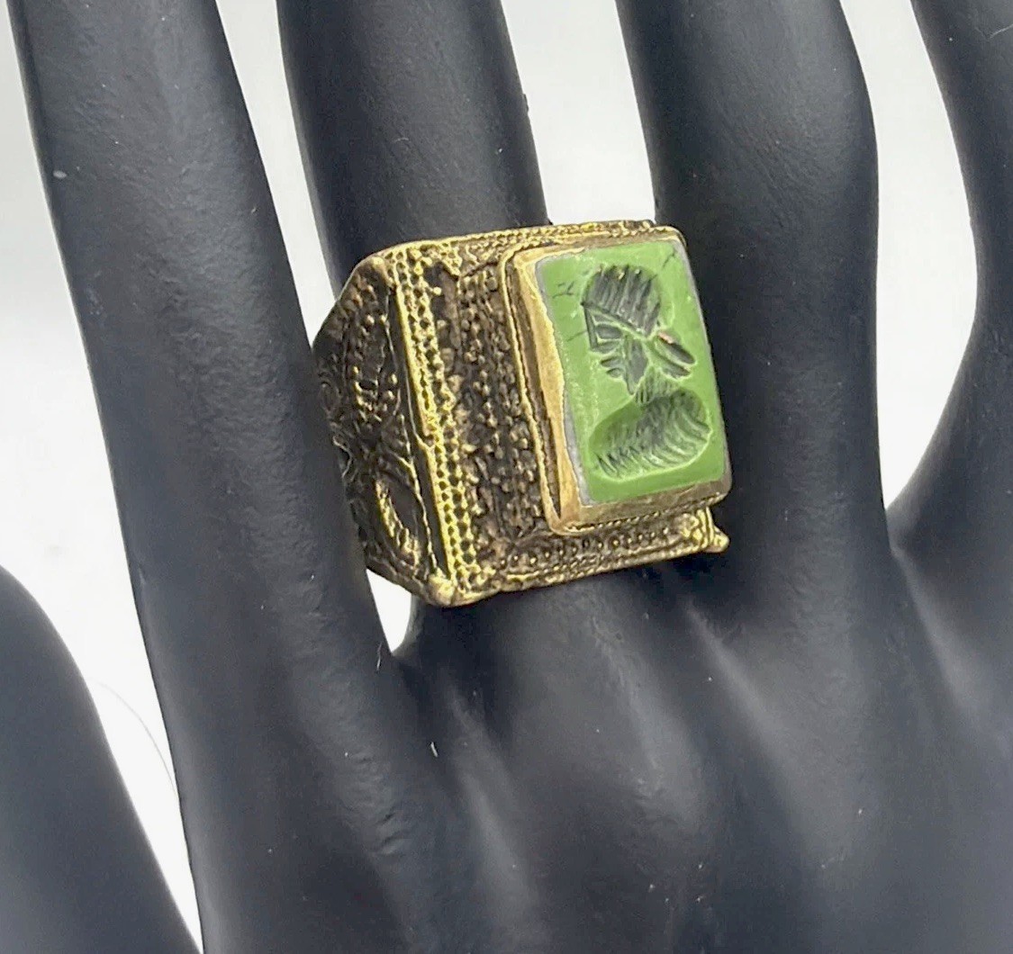 Old World Style Intaglio Ring – Green Engraved Stone, Ornate Scrollwork Band