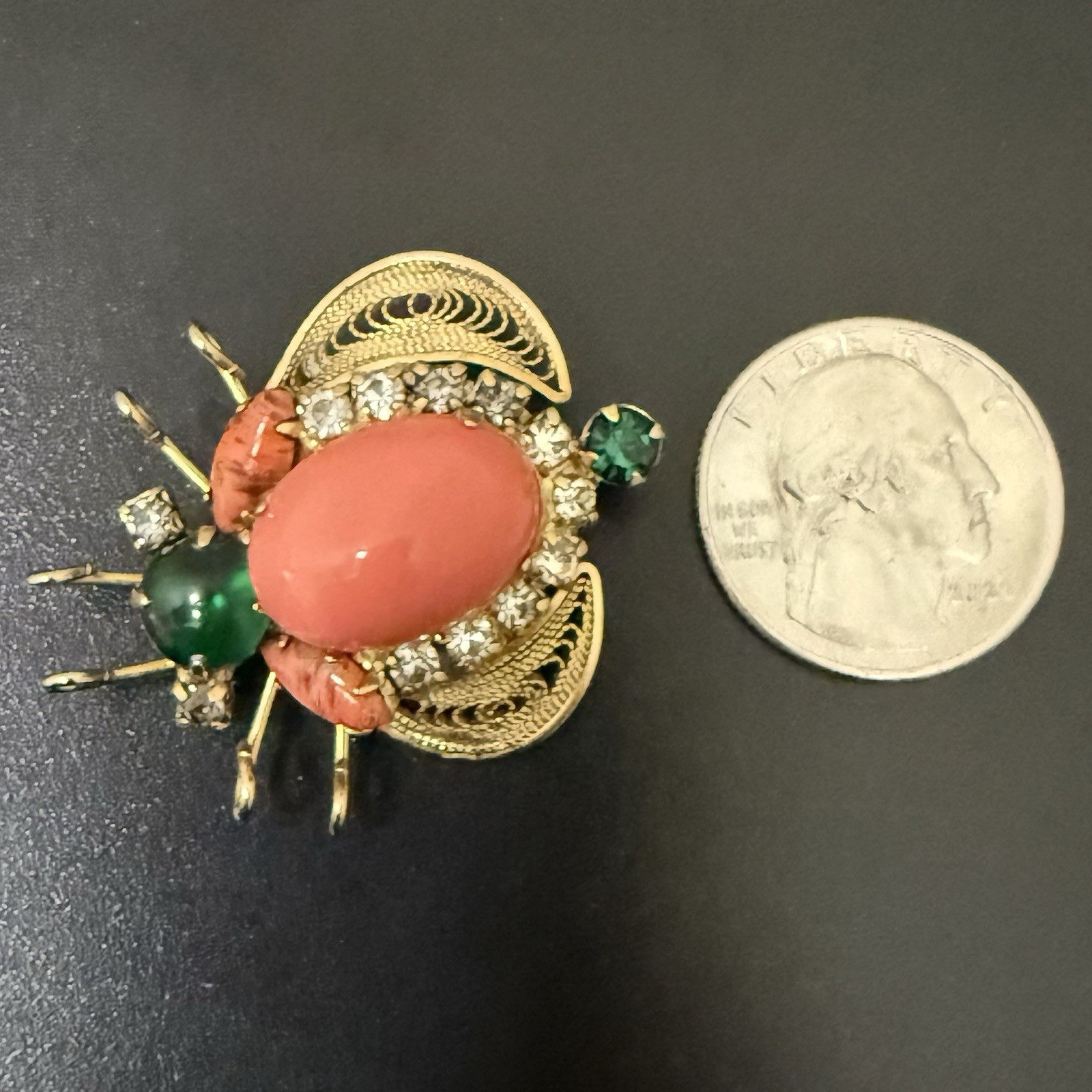 Rare Juliana Delizza & Elster Faux Coral Cabochon Rhinestones Beetle Bug Brooch