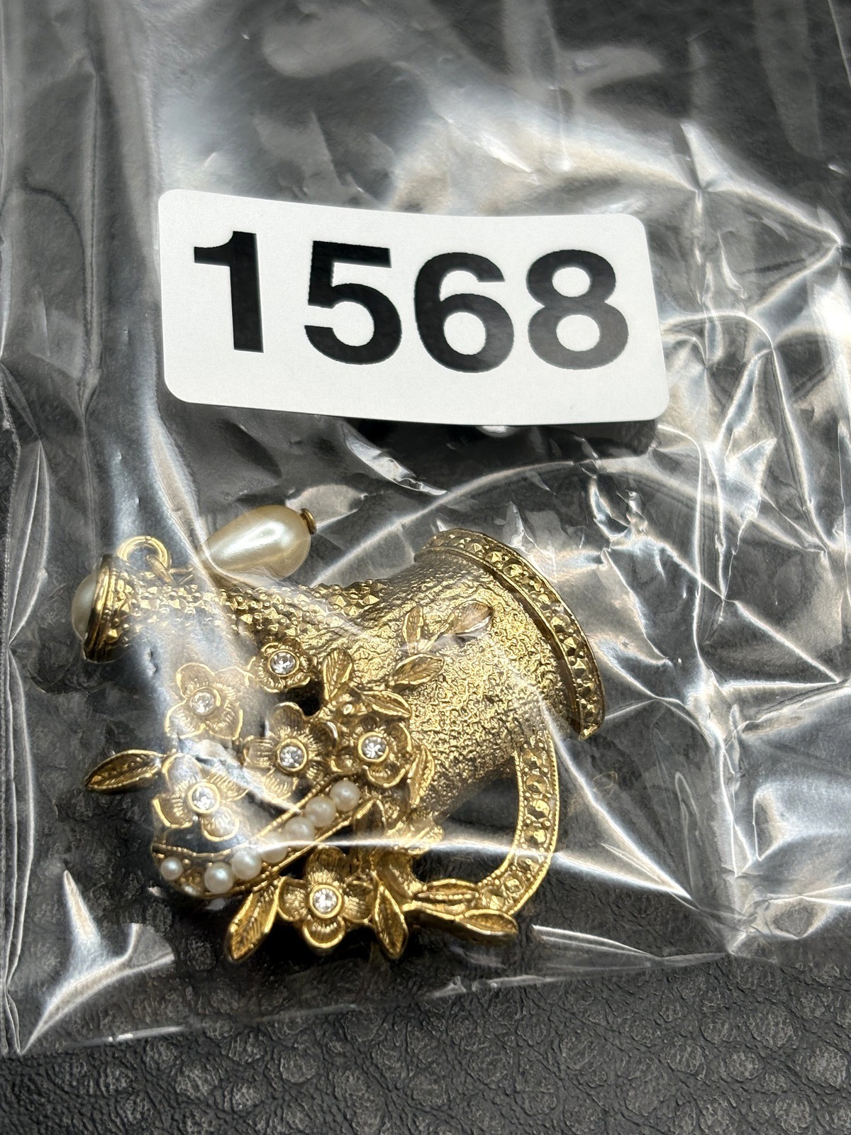 1928 Brand Gold Tone Faux Pearl Rhinestone Flower Watering Can Gardening Brooch