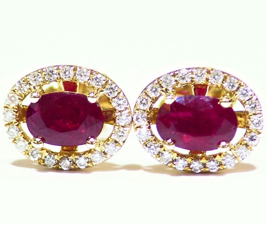 1.52CT 14K Gold Natural Ruby Round Cut Diamond Stud Halo Anniversary Earrings