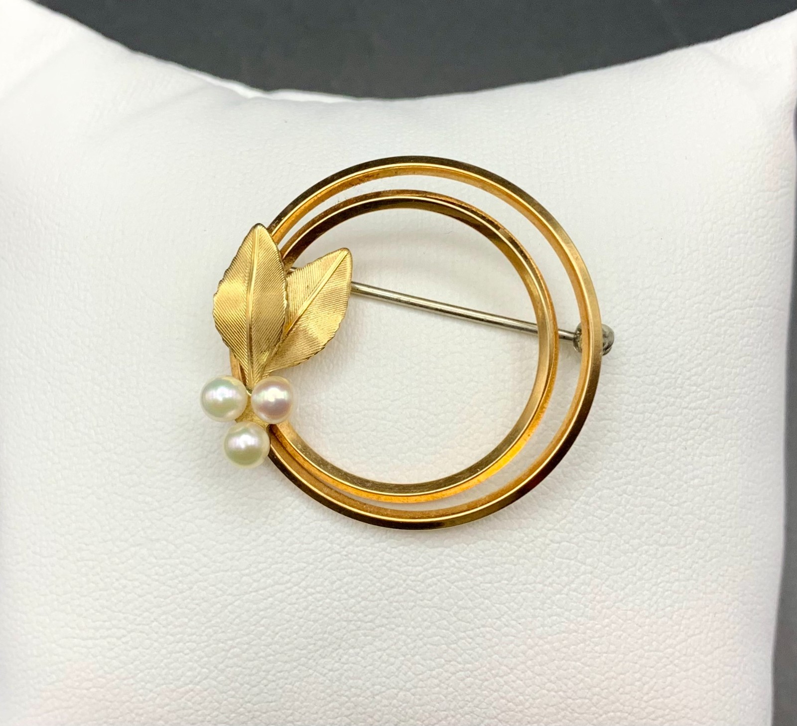 Krementz Brooch Gold Overlay Pearl & Leaf Double Circle MCM