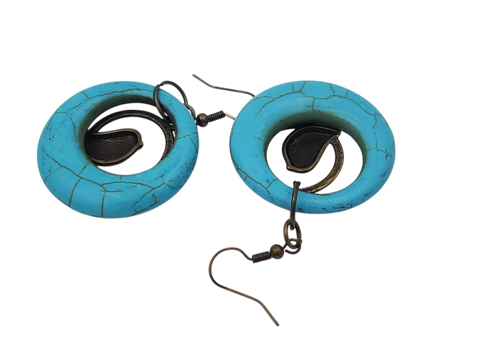 Vintage Brass and Blue Dyed Howlite Circles Dangle Bird Hook Pierced Earrings