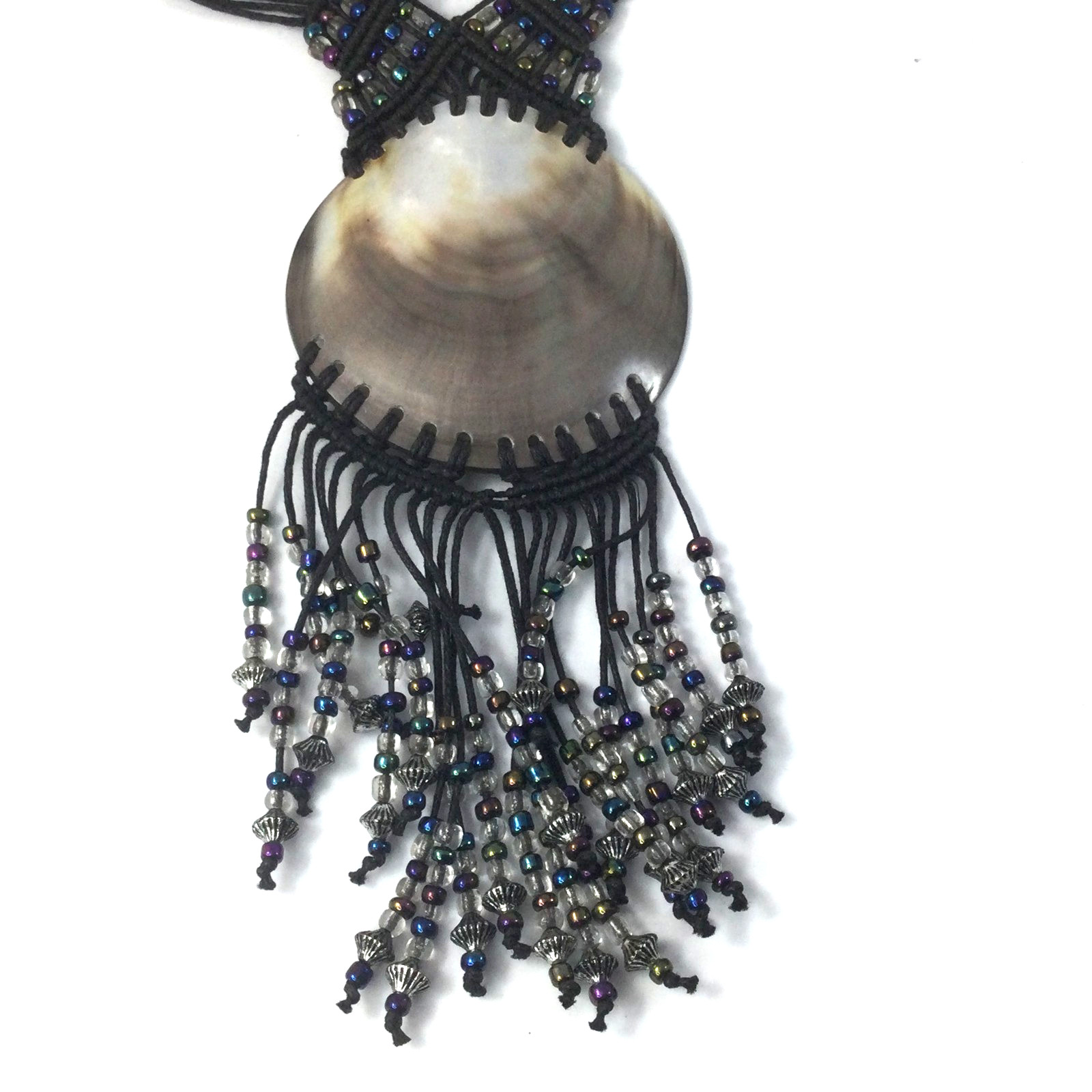 Vintage Woven Wax Tread and Shell Pendant Necklace Black Blue Silver Beaded 18″