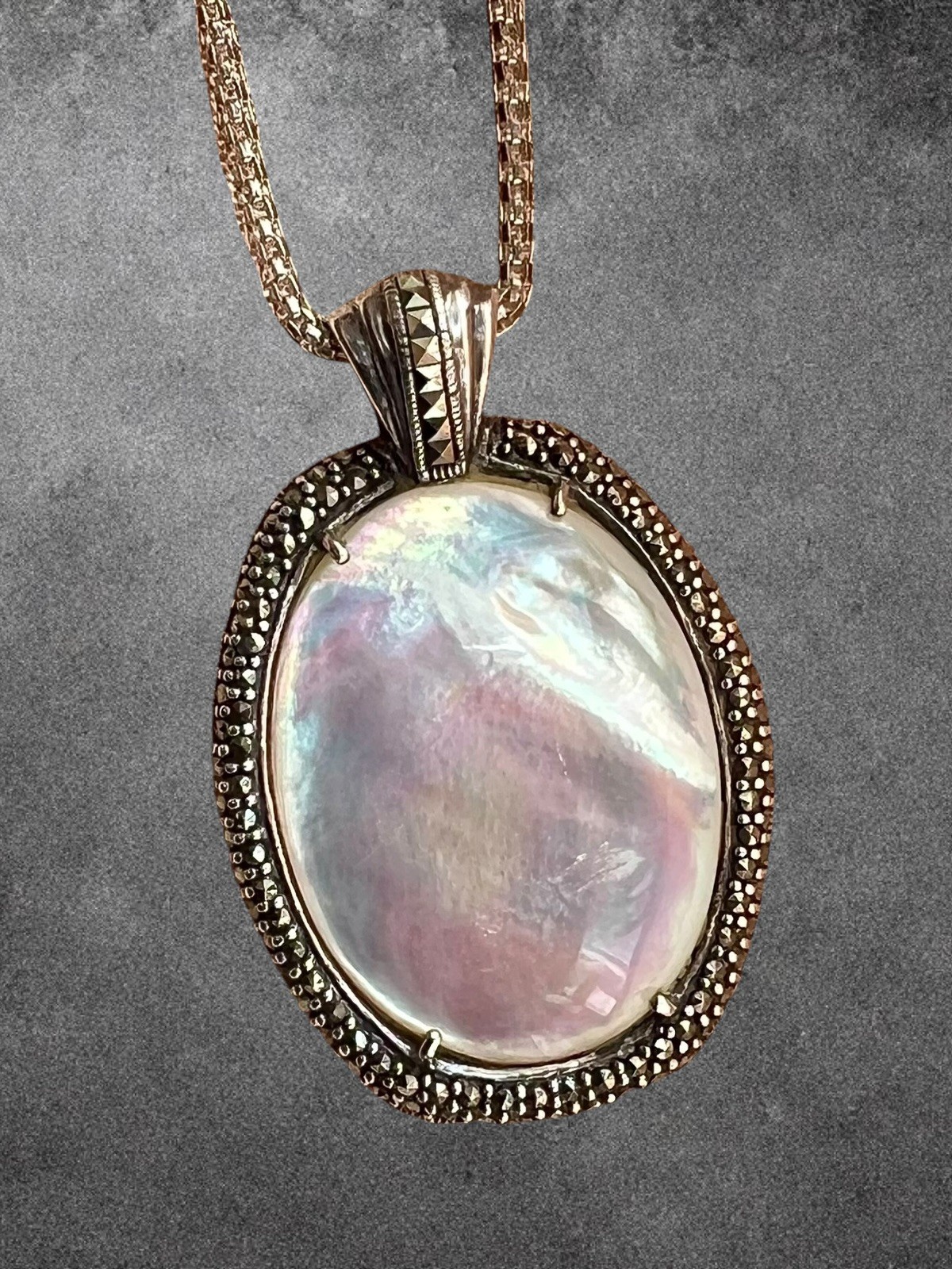 925 Sterling SilverVintage Real Mother Of Pearl & Marcasite Oxidized Pendant