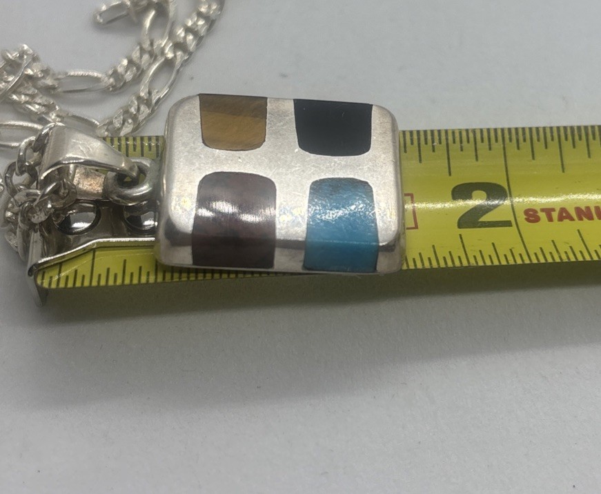 Vintage Sterling Silver Multi Stone Chunky Pendant On 21” Figaro Chain 20.8 Gr