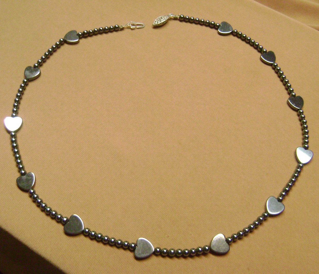VINTAGE HEMATITE GREY HEART, ROUND BEADED 20″ LENTH NECKLACE- FILIGREE CLASP