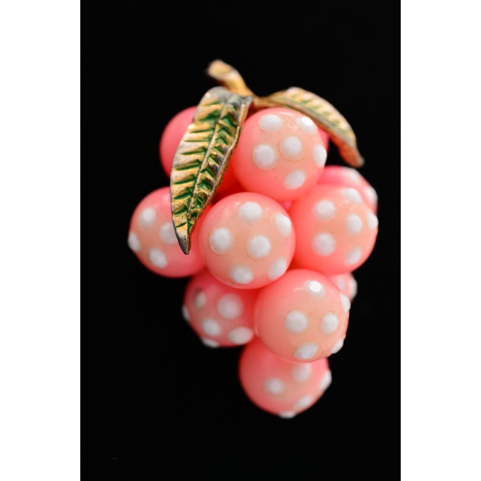 Vintage Glass Grapes Pin Brooch Pink White Polka Dot Crystal Antique 1960s BinAJ