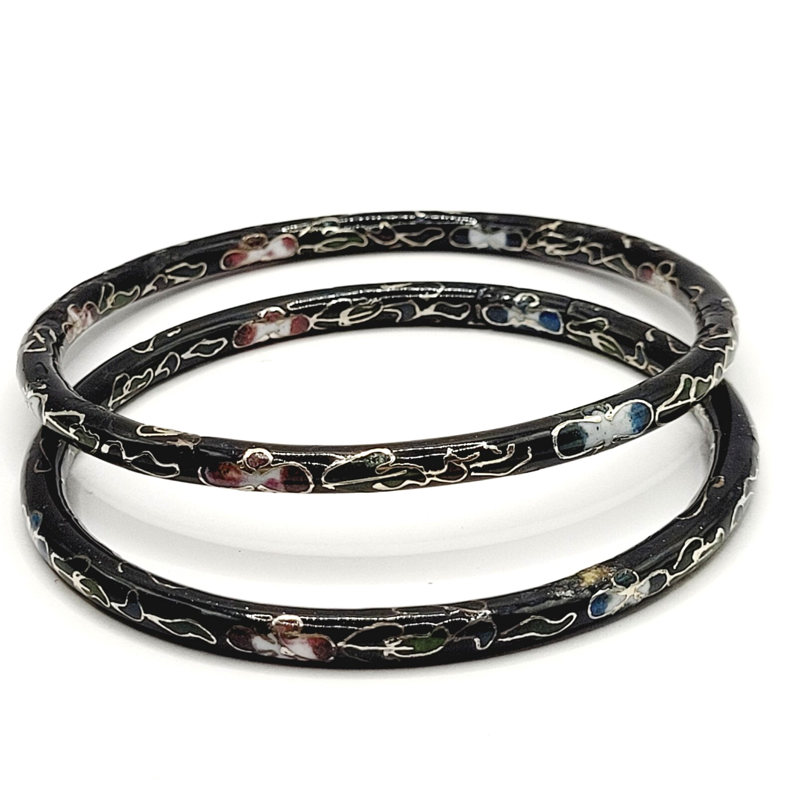 2 Cloisonné Asian Inspired Black Dark Shiny Floral Hand Painted Bangle Bracelet