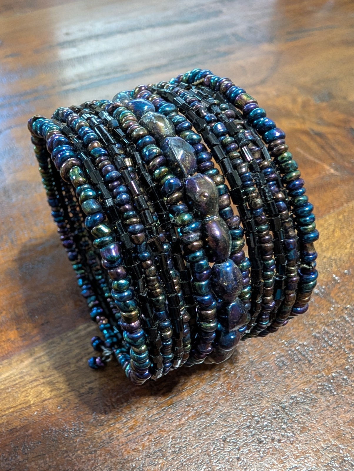 Boho Peacock Blue Purple Beaded Cuff Bracelet Memory Wire Statement Artisan Y2K