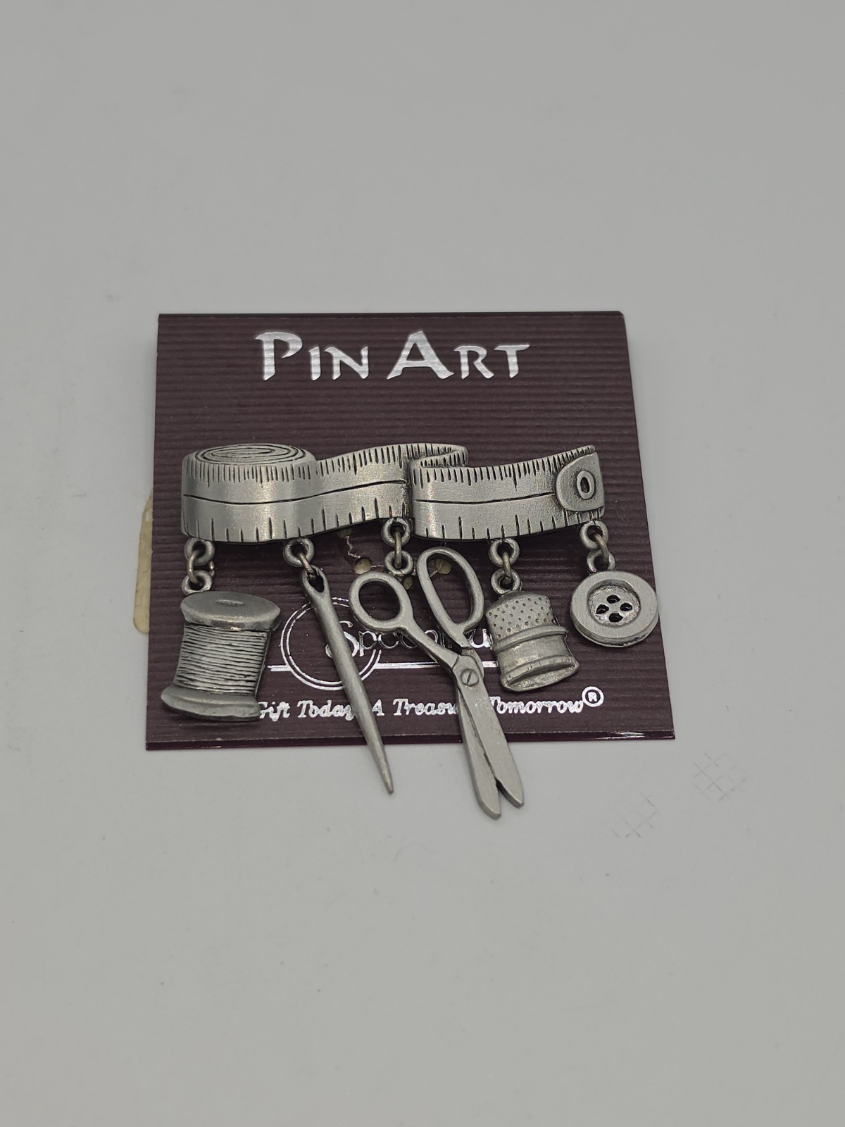 Vintage JJ Jonette Jewelry Sewing Charm Brooch Pin Art Pewter Tape Measure 2″