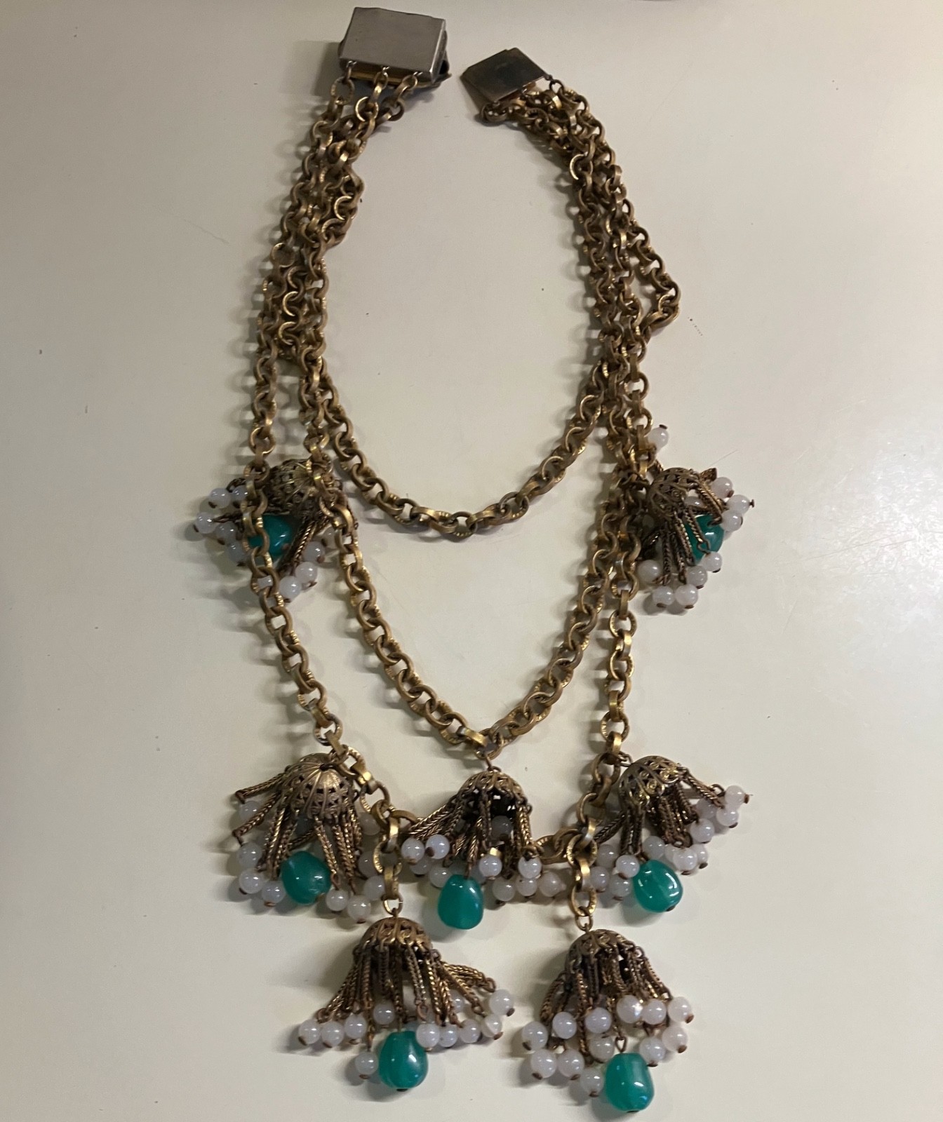 RARE EARLY MIRIAM HASKELL MULTI STRAND FESTOON NECKLACE GRIPOIX JADE GLASS DROPS