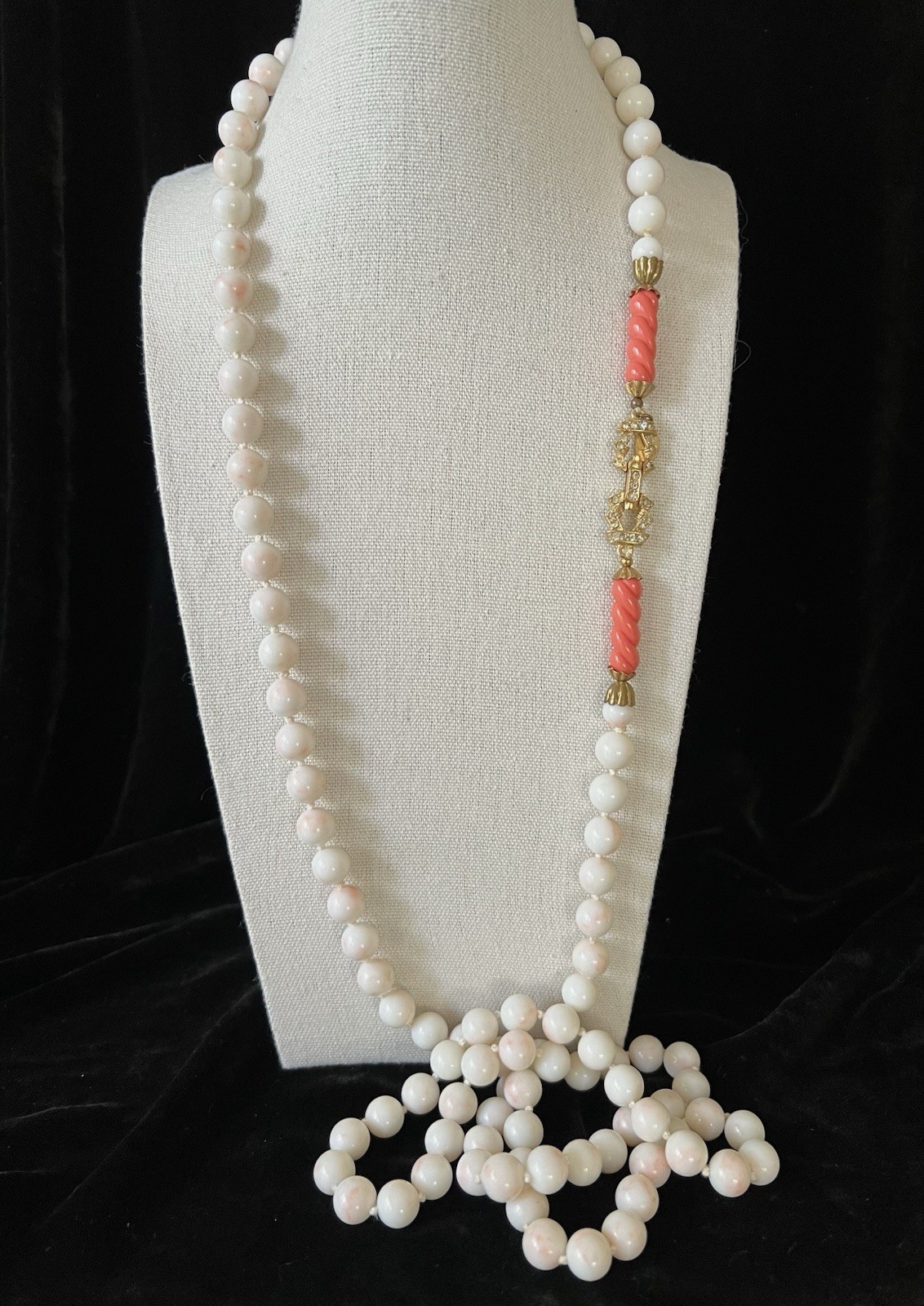 Vintage William De Lillo Faux Angel Skin Coral Knotted Bead 49 In Long Necklace