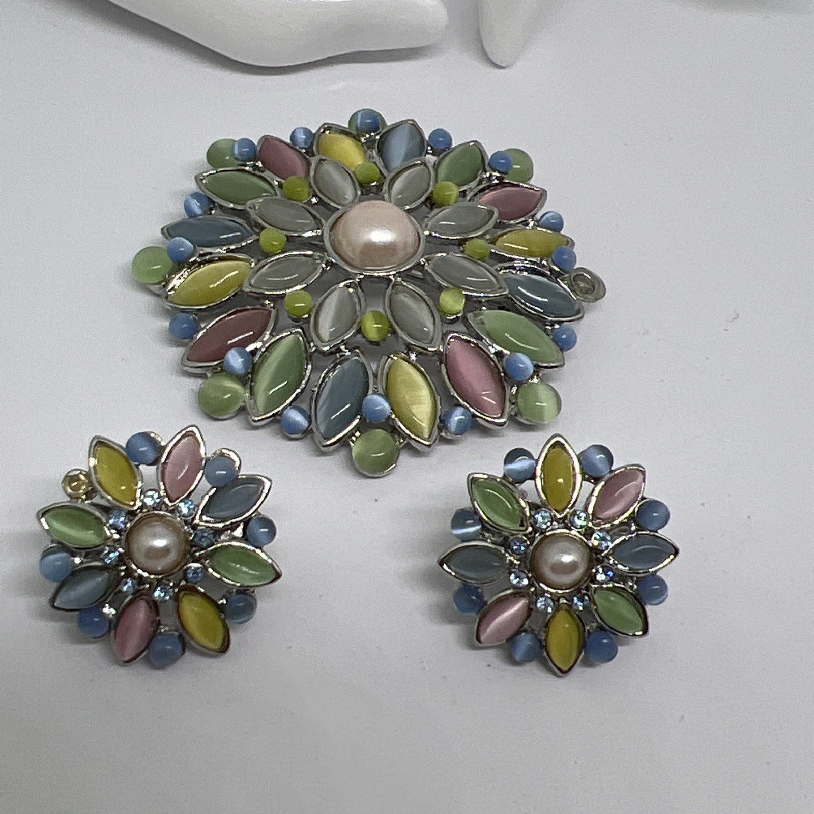Pastel Multi-color Moonglow Lucite Faux Pearl Light Blue Rhinestone
