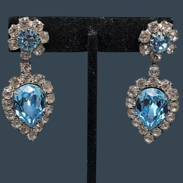Vintage Art Deco Baby Blue Clear Rhinestone Teardrop Dangle Post Earrings
