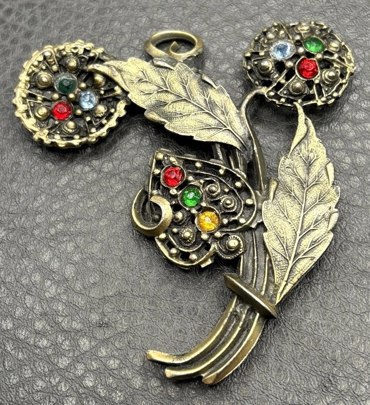Huge Vintage Pot Metal Flower Leaf Brooch Fruit Salad Rhinestone Flower Bouquet