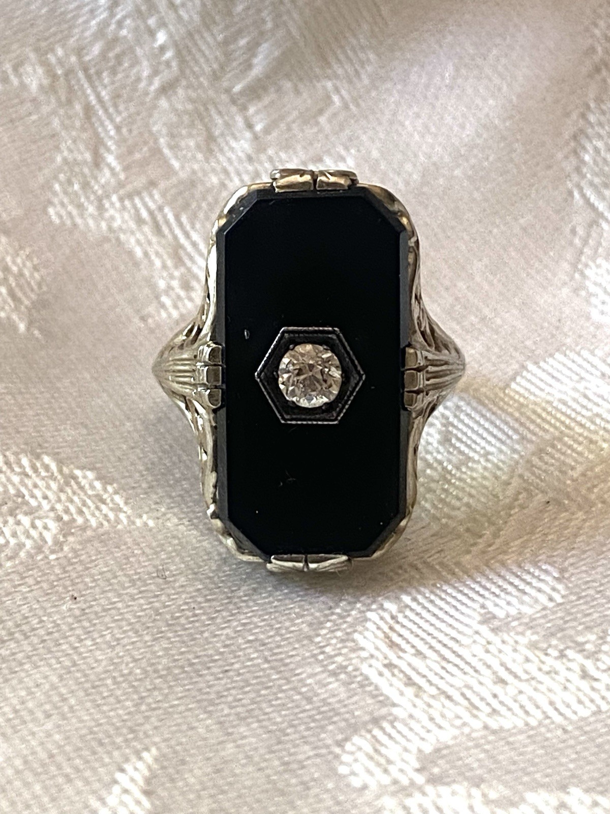 Antique Art Deco Onyx 14k White Gold Diamond Ring