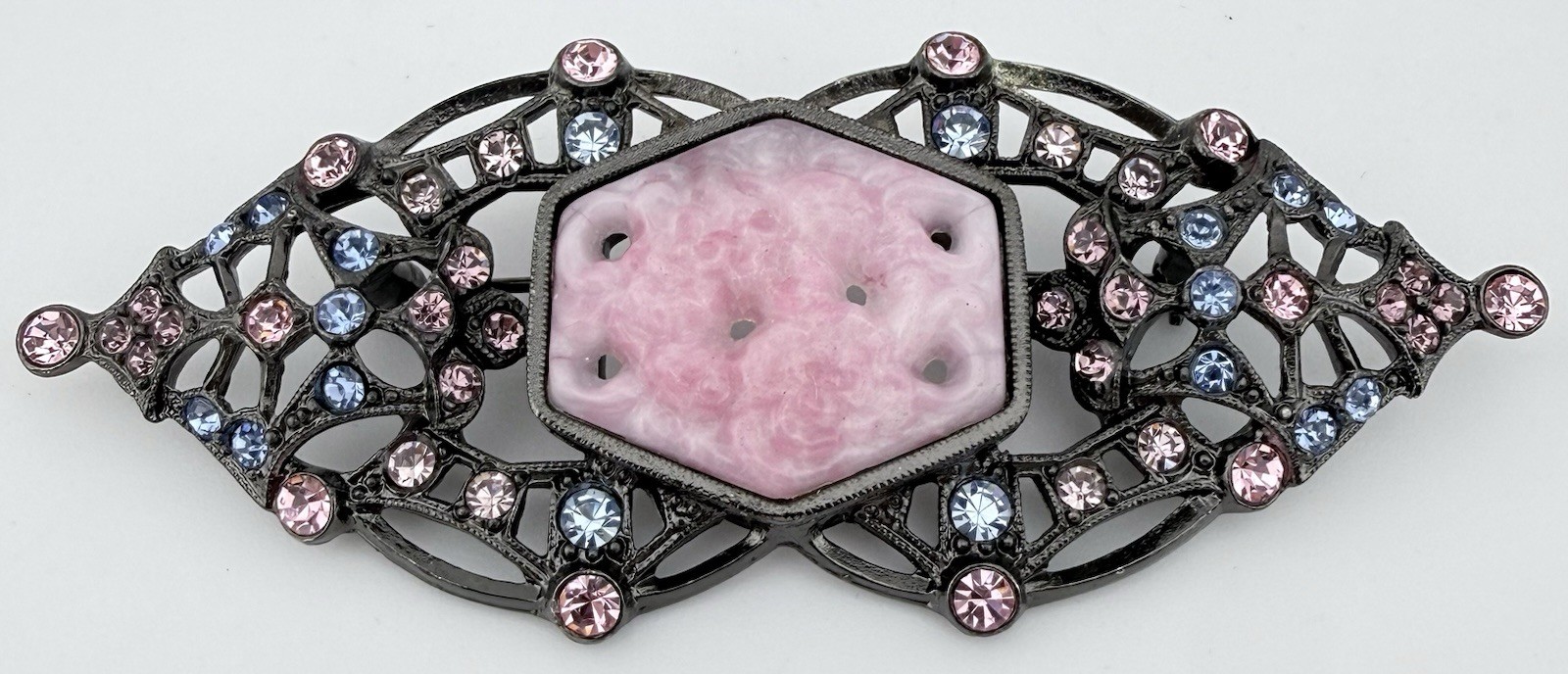 SWEET ROMANCE GUNMETAL PINK & BLUE RHINESTONE BROOCH K686C