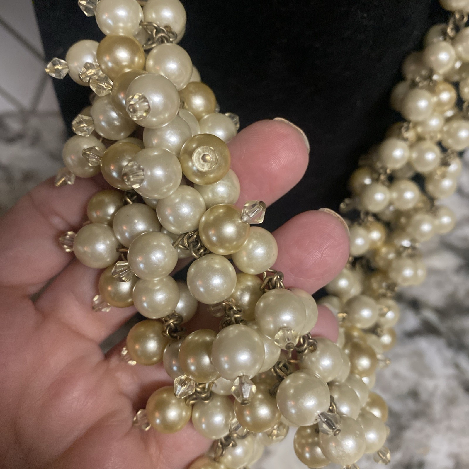 Stella And Dot Sophia White Champagne Faux Pearl Bib Choker Necklace 15-18”