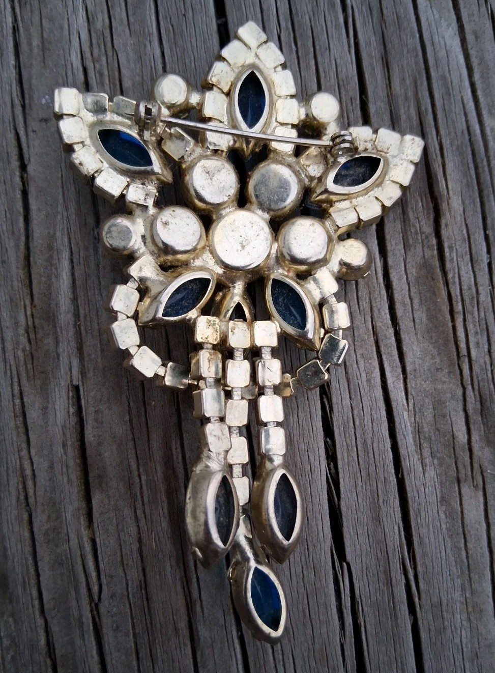 Vtg 1950s Rhinestone Brooch Blue & Lime Green Glass Austrian Tassel Unsigned