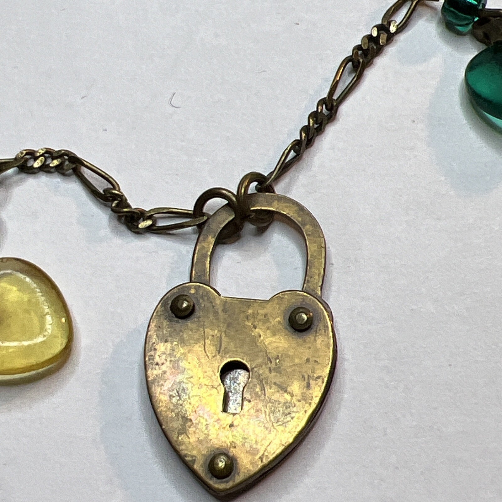 Vintage Glass Works Studio Necklace Unsigned Hearts Brass Charms Cherub