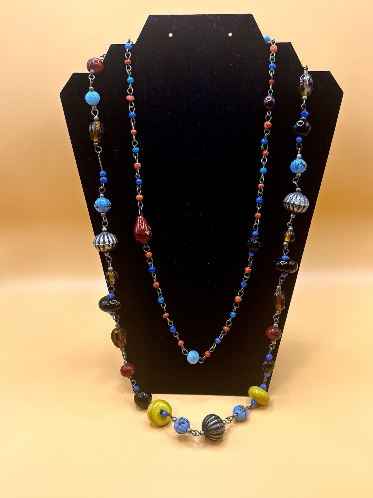 Czech Style Art Glass Necklace Double Strand Boho Lampwork Beaded Blue Yellow