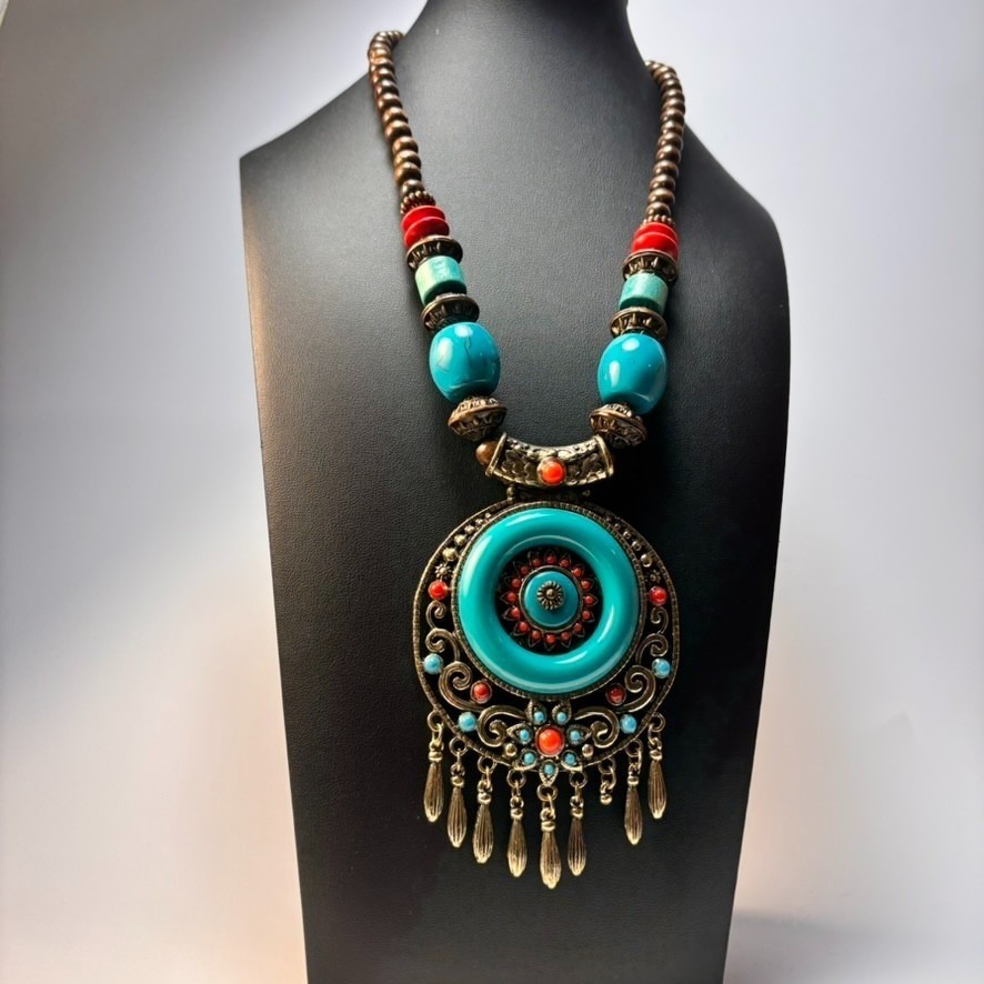 Chunky Vintage Necklace Wood Beads Boho Chunky Blue Resin Pendant