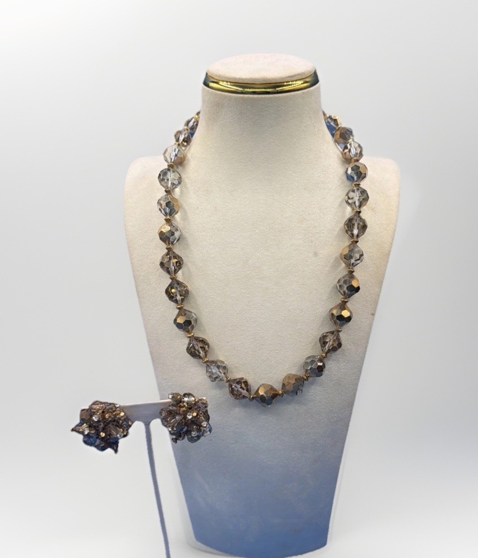 Vintage Faceted Glass Bead Necklace & Clip Earrings Set – Elegant Retro Jewelry