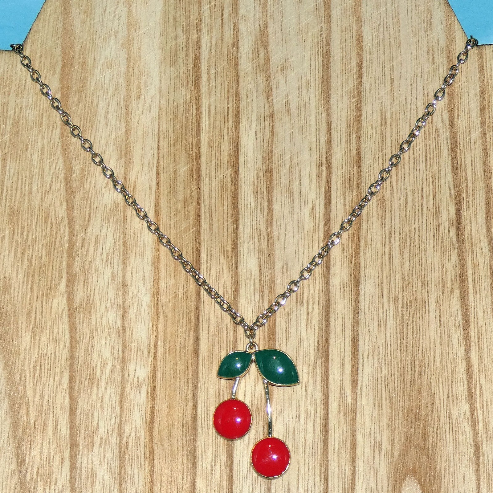 SUGARFIX Cherry Pendant Necklace Fruit Cherries Enamel Gold Tone Chain Signed