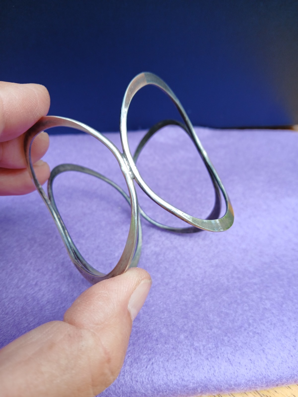 Vintage Geometric Ovals Sterling Silver Bangle Bracelet Modernist Design Art