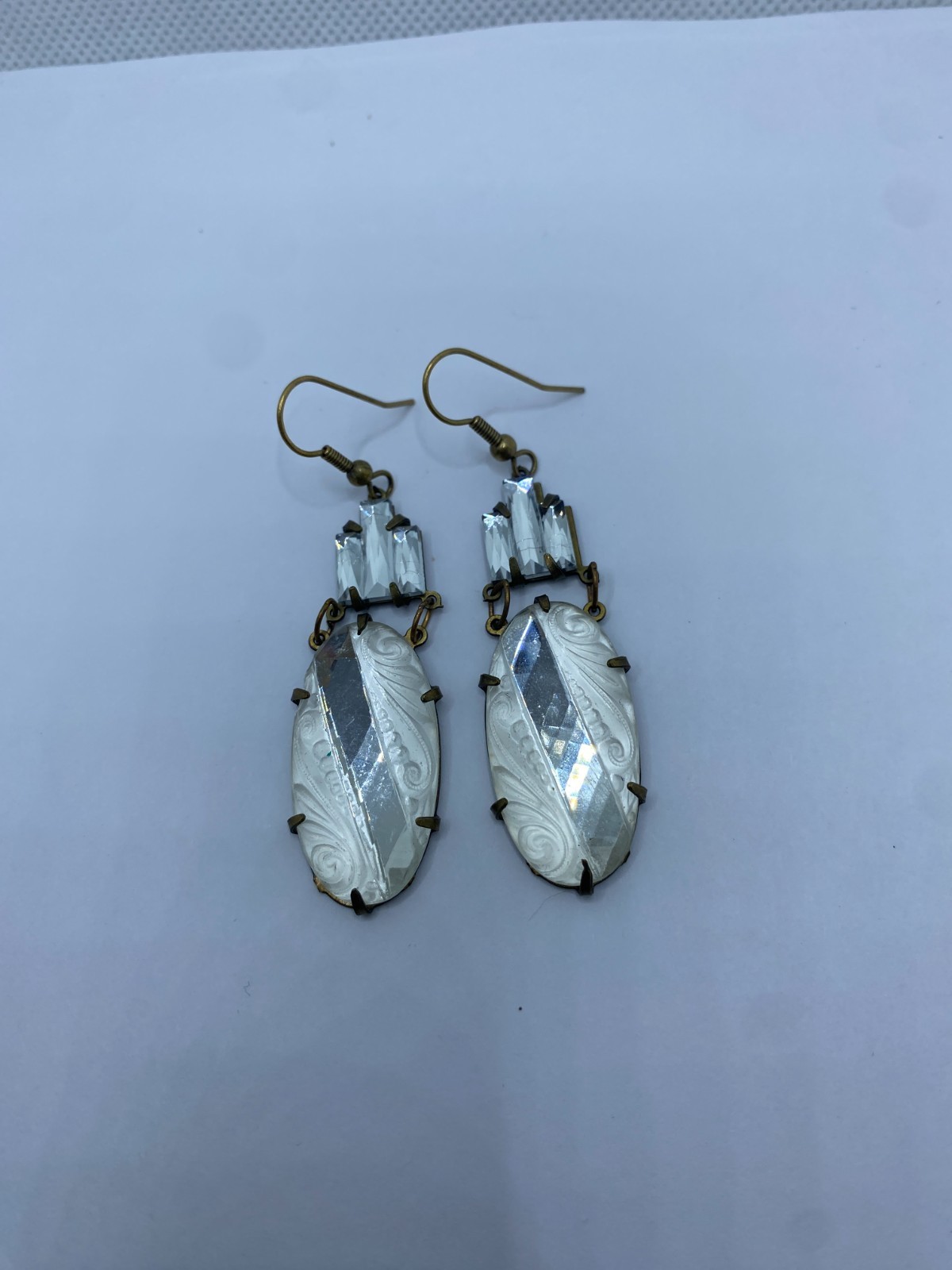 Glass Works Studio Earrings Frosted Clear Etched Faceted Glass & Rhinestones